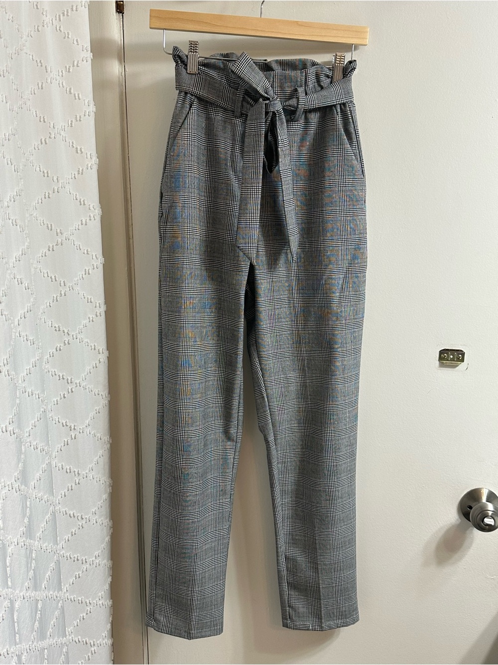 H&M Gray Glen Plaid Paperbag Waist Trousers with Tie